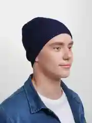 Темно-синий шапка мужская удлиненная, с утеплителем, вязаная