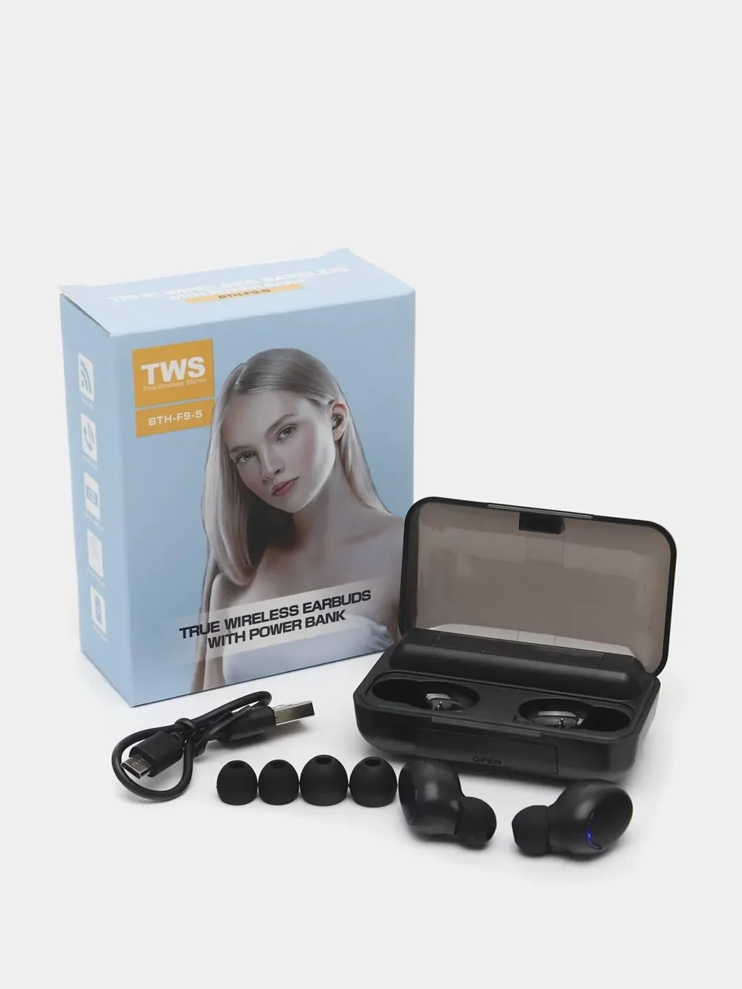 Черный беспроводные Bluetooth-наушники TWS F9, с PowerBank