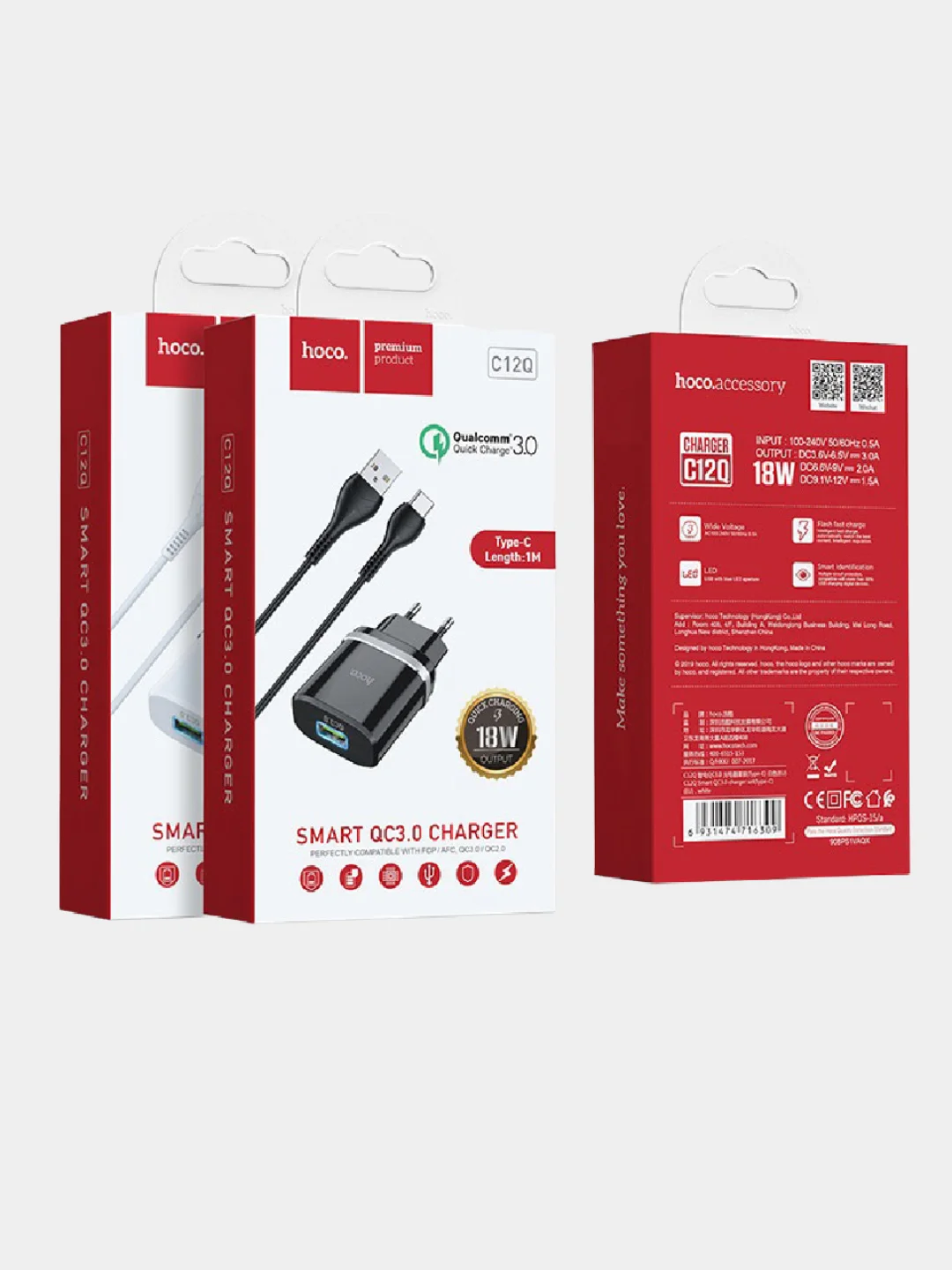 Белый cетевое зарядное устройство Hoco C12Q Type-C 3.0A, 18W, быстрая зарядка, 1 м