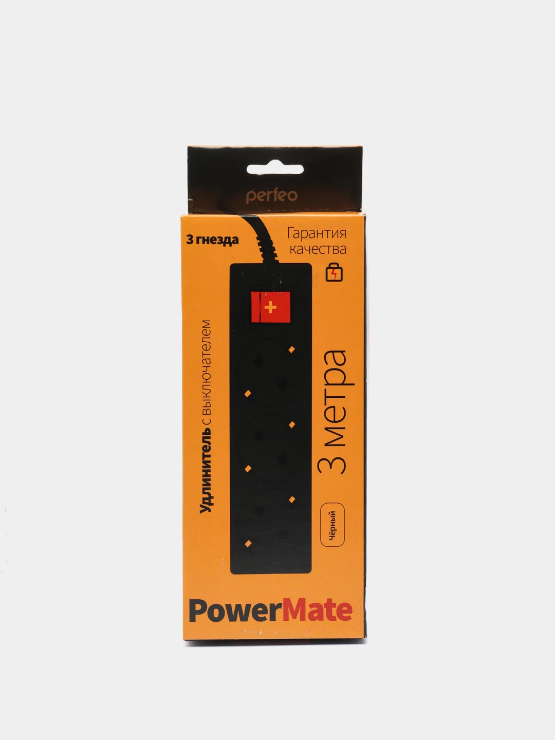 Сетевой удлинитель Perfeo "Powermate" с кнопкой, 3,0 м, 3 розетки, черный (PF-PM-3/3,0-B)