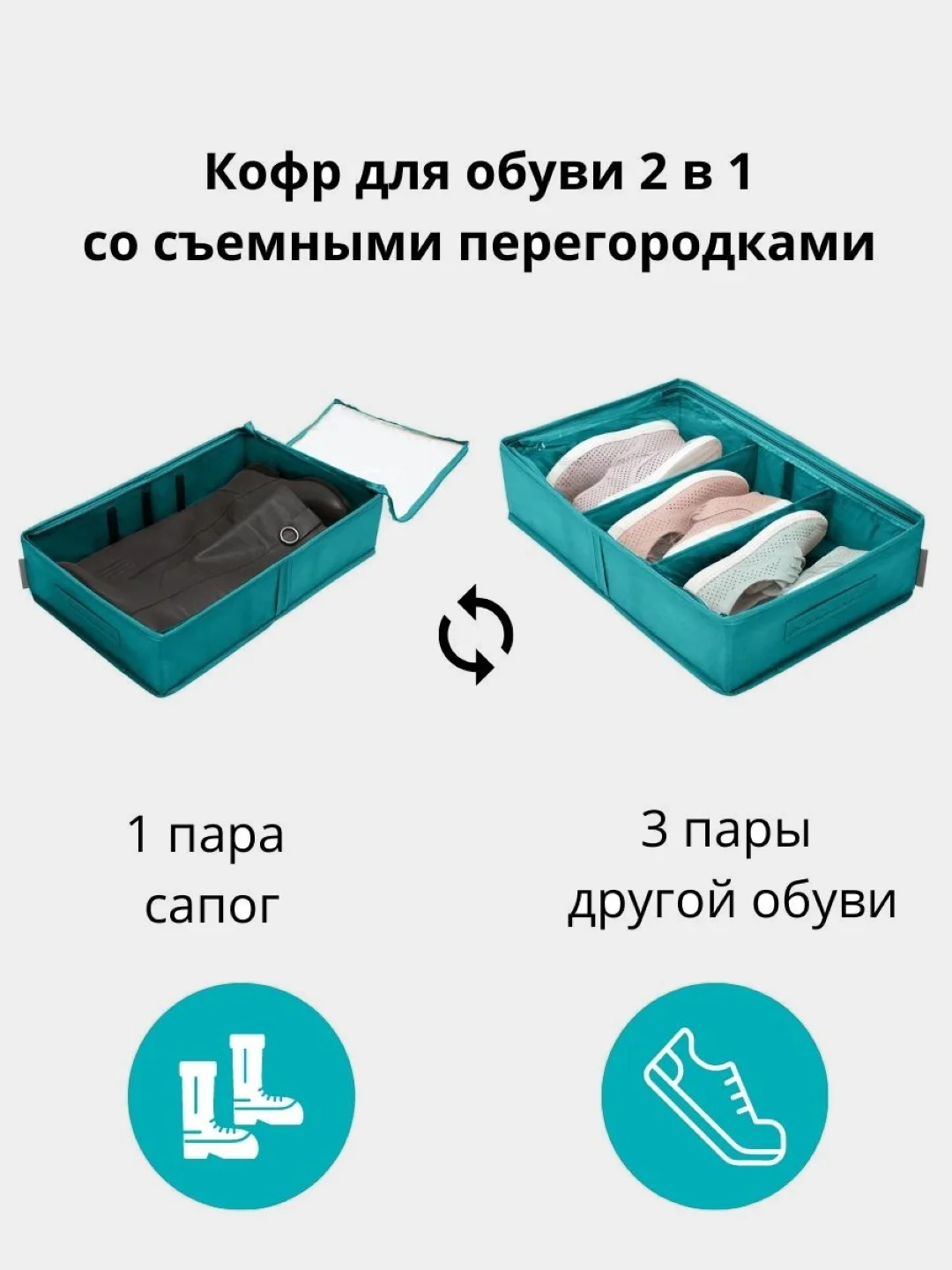 Бирюзовый кофр для сапог 53 х 34 х 12 см, 2 съемные перегородки