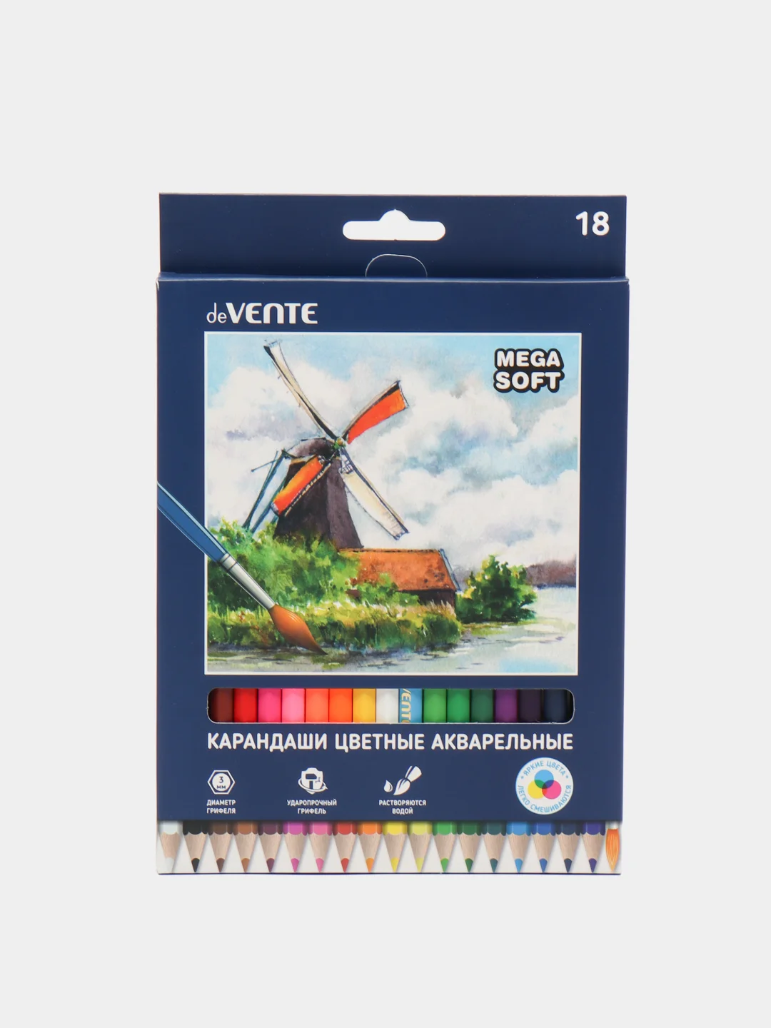 Карандаши акварельные deVENTE Trio Mega Soft, 18 цветов, 3 мм, в картонной коробке