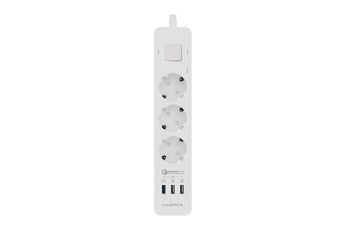 Сетевой фильтр - удлинитель Harper UCH-340 Quick Charge 3.0 с USB, с заземлением и защитой