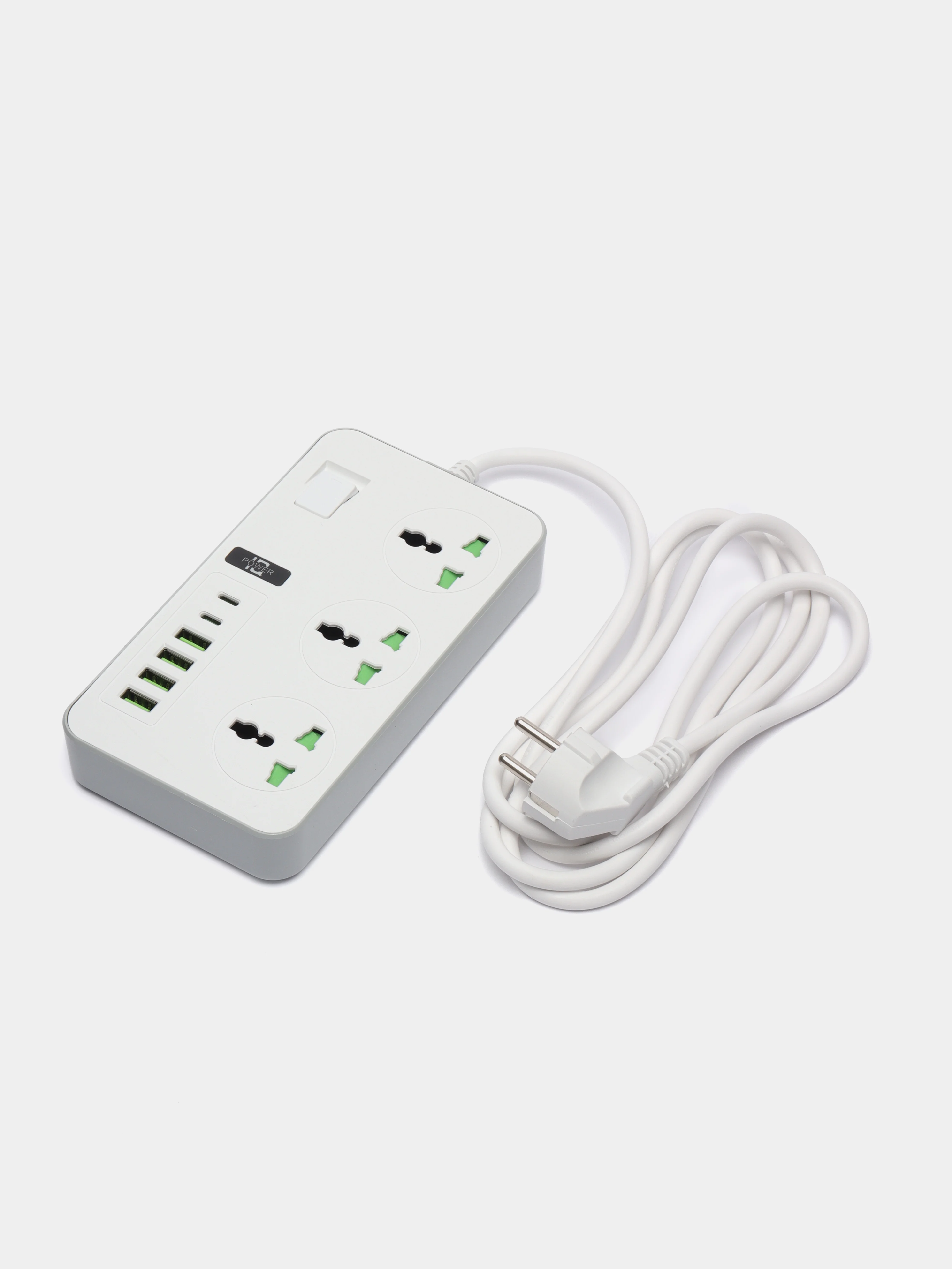Белый сетевой фильтр-удлинитель 2 м, 4 USB и 2 Type-C порта, 3000 Вт