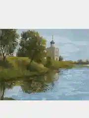 Алмазная мозаика на подрамнике "Церковь на берегу реки. Когай Ж.", 40х50, полная выкладка