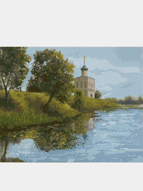 Алмазная мозаика на подрамнике "Церковь на берегу реки. Когай Ж.", 40х50, полная выкладка
