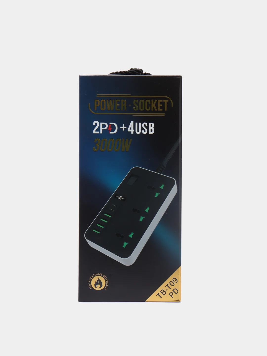 Серый сетевой фильтр-удлинитель 2 м, 4 USB и 2 Type-C порта, 3000 Вт