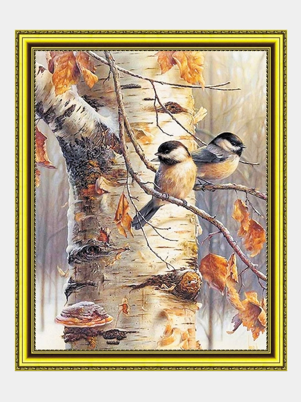 Алмазная мозаика "Воробьи на ветке" на подрамнике, 40*50 см