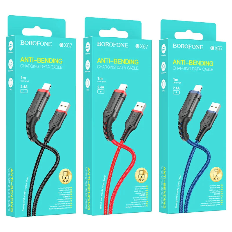 Красный кабель для зарядки и передачи данных Borofone BX67, Type-C/Lightning/Micro, 1м, до 2.4A