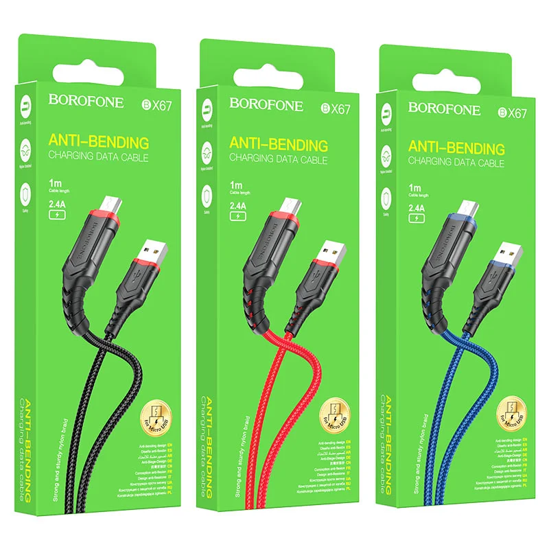Красный кабель для зарядки и передачи данных Borofone BX67, Type-C/Lightning/Micro, 1м, до 2.4A