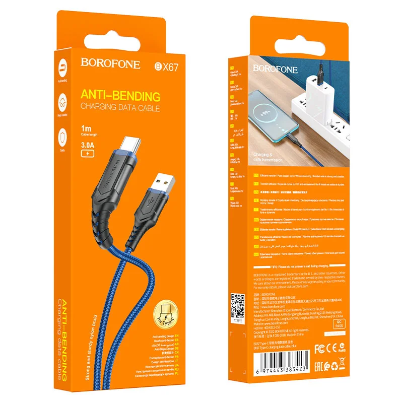 Красный кабель для зарядки и передачи данных Borofone BX67, Type-C/Lightning/Micro, 1м, до 2.4A