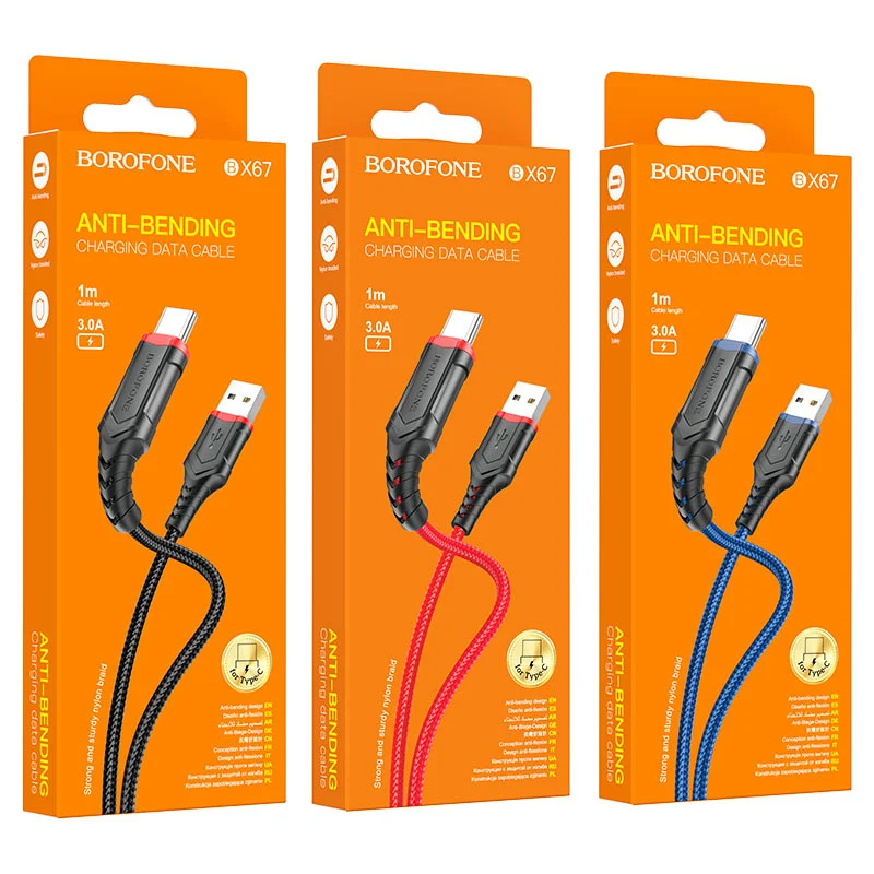 Красный кабель для зарядки и передачи данных Borofone BX67, Type-C/Lightning/Micro, 1м, до 2.4A