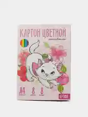 Розовый картон А4 цветной немелованный "Кошечка Мари" А4, 8 листов