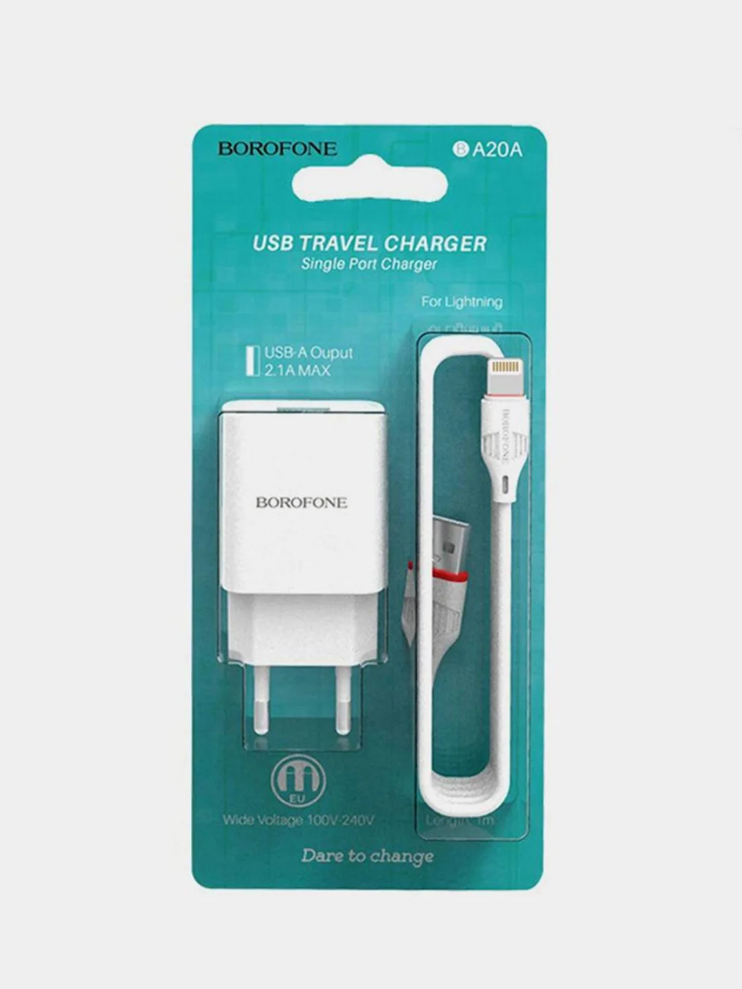Белый сетевое зарядное устройство Borofone BA20A, 1xUSB, 2.1А + кабель Apple Lightning