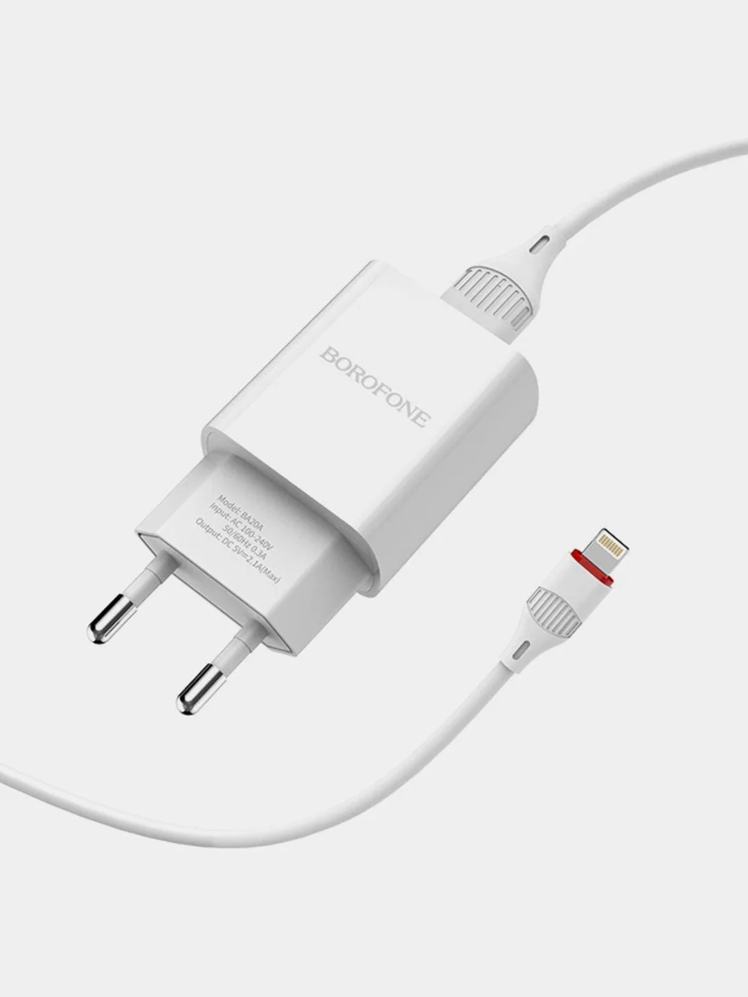 Белый сетевое зарядное устройство Borofone BA20A, 1xUSB, 2.1А + кабель Apple Lightning