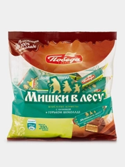 Конфеты вафельные Победа вкуса "Мишки в лесу", с начинкой, в горьком шоколаде, 200 г