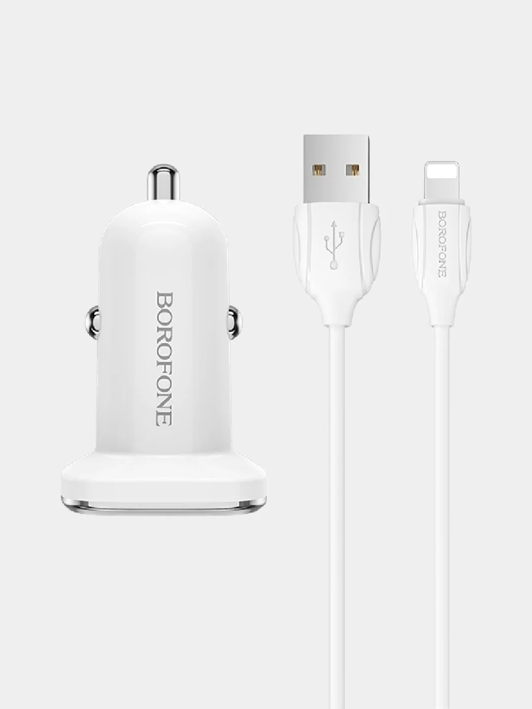 Белый автомобильная зарядка Borofone BZ12, Lightning, 2.4A