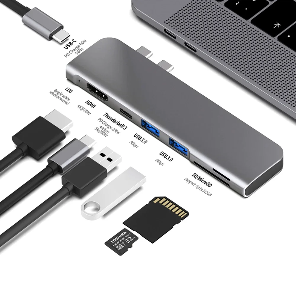 Серый адаптер для MacBook Pro/Air, USB 3.0, Type-C, HDMI 4K, TF SD Reader