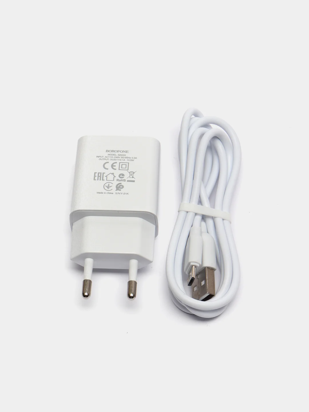 Белый сетевой блок питания Borofone BA52A, Lightning, Micro-USB, 2.1A