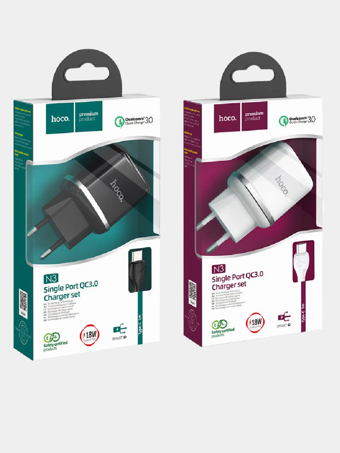 Белый сетевое зарядное устройство Hoco N3, c кабелем Type-C - USB, 18 W