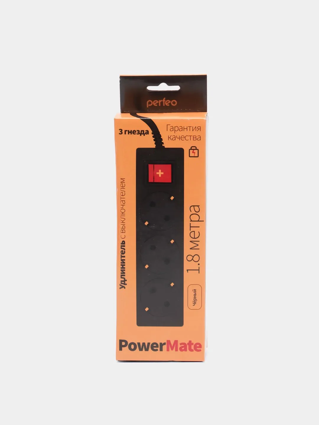 Черный сетевой удлинитель с кнопкой Perfeo "Powermate", 1,8 м