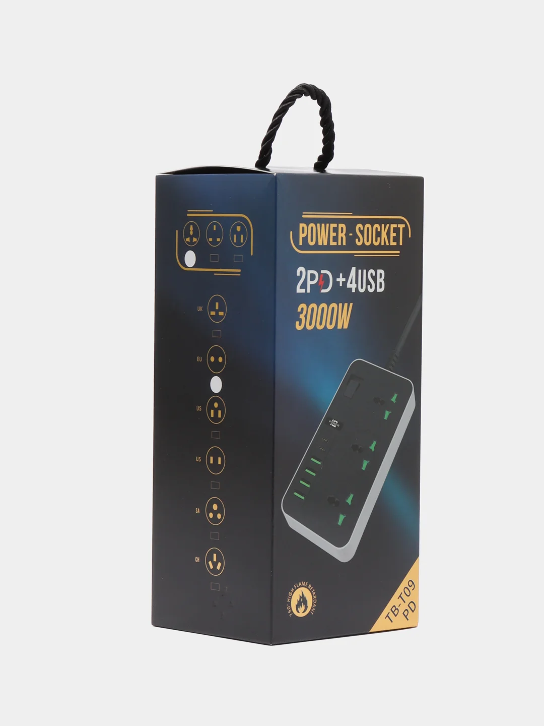 Черный сетевой фильтр-удлинитель 2 м, 4 USB и 2 Type-C порта, 3000 Вт