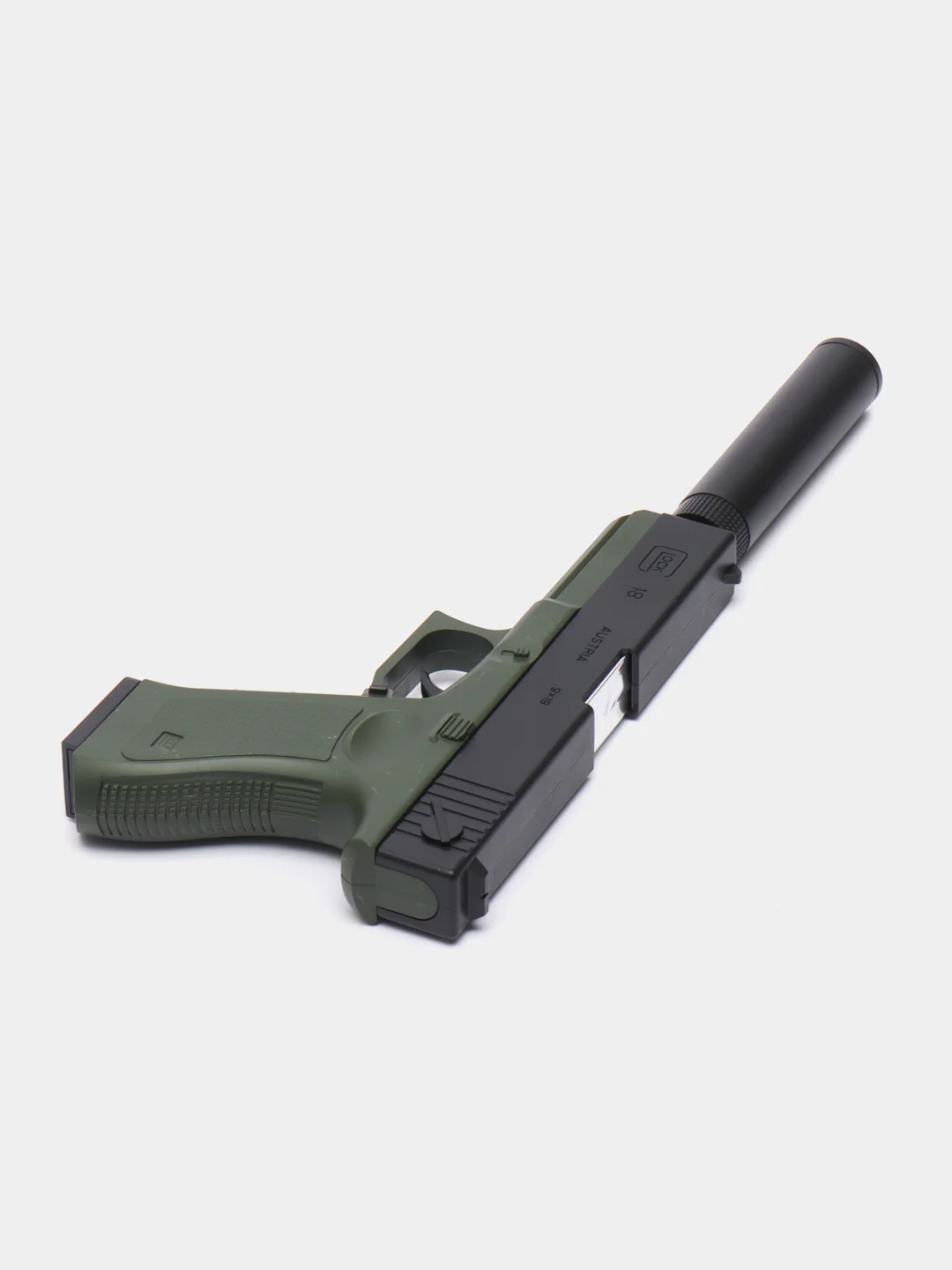 Зеленый пистолет GLOCK-18, с глушителем, выброс гильз
