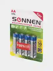 Батарейки алкалиновые AA, SONNEN Super Alkaline (LR6,15А), 4шт
