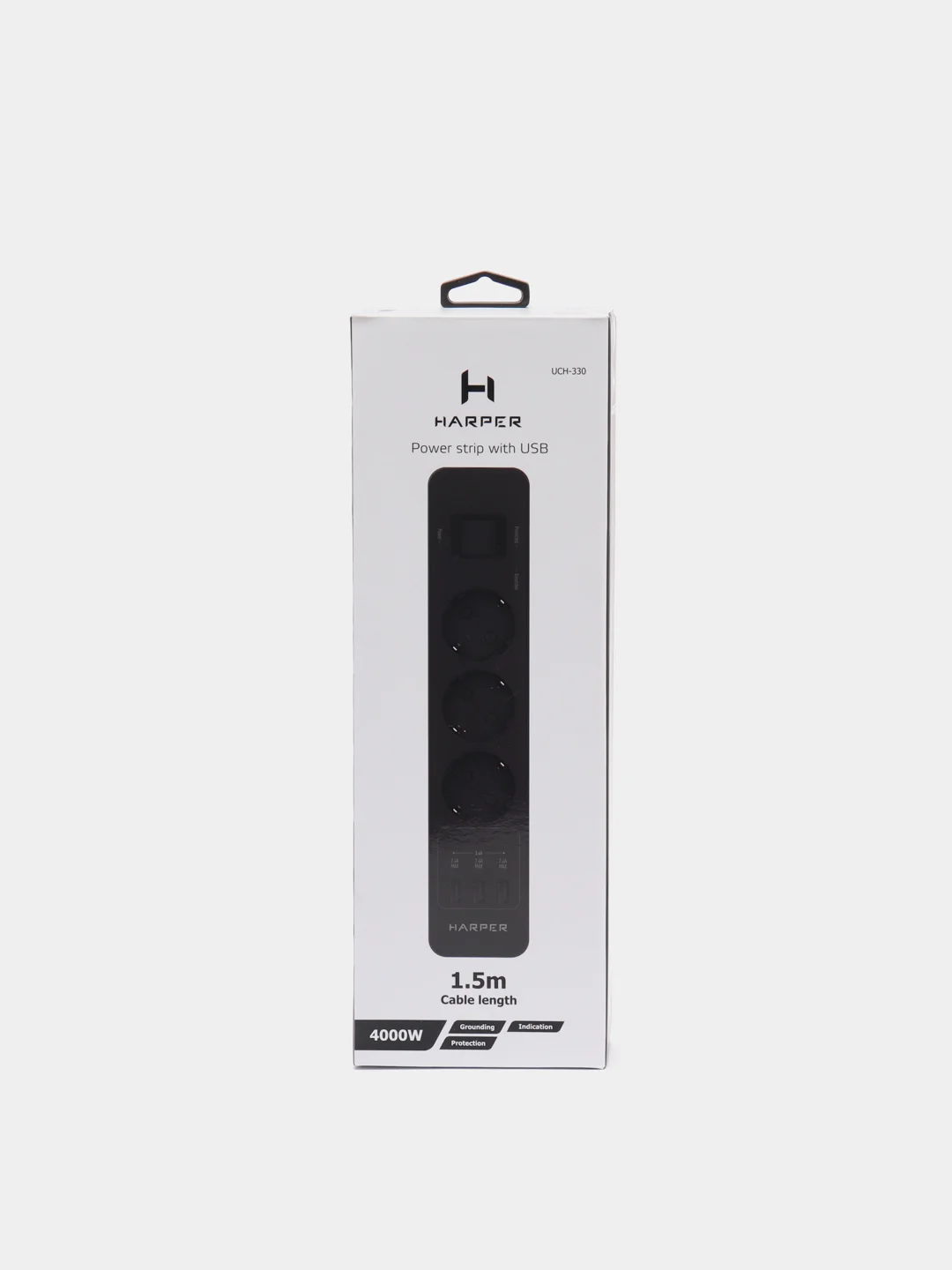 Черный сетевой фильтр Harper UCH-330, 1,5 метра, 3 розетки, 3 USB, 4000 Вт, черный
