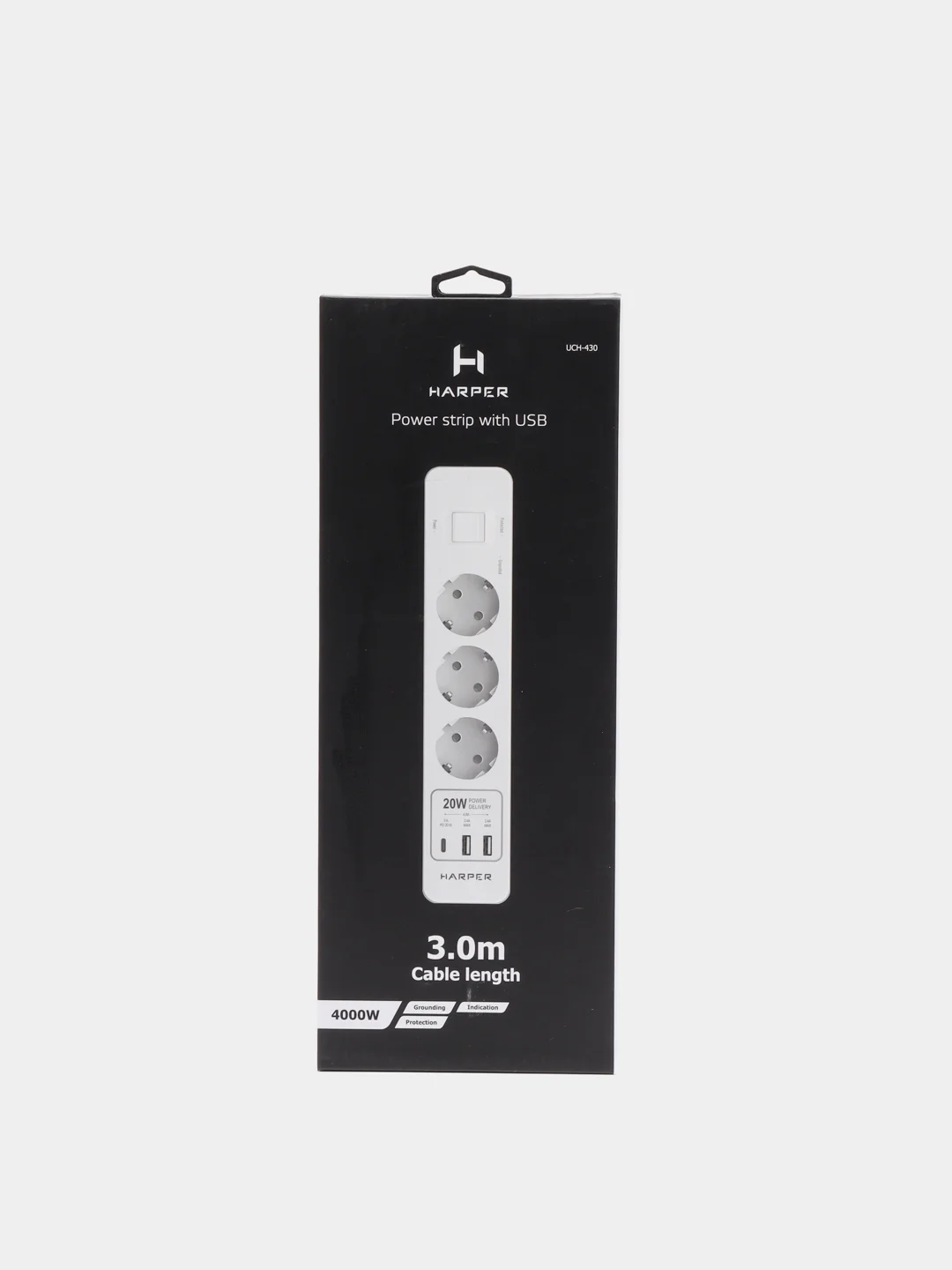 Сетевой фильтр Harper UCH-430, 3 метра, 3 розетки, 2 USB, Type-C, 4000 Вт, белый
