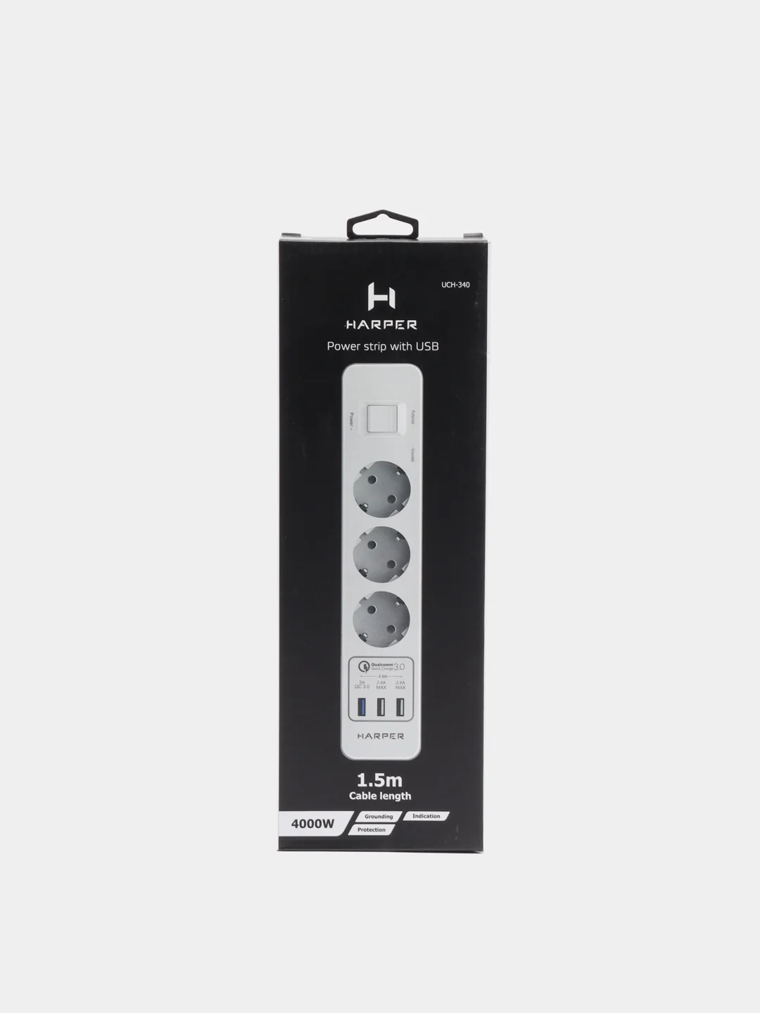 Белый сетевой фильтр - удлинитель Harper UCH-340 Quick Charge 3.0 с USB, с заземлением и защитой
