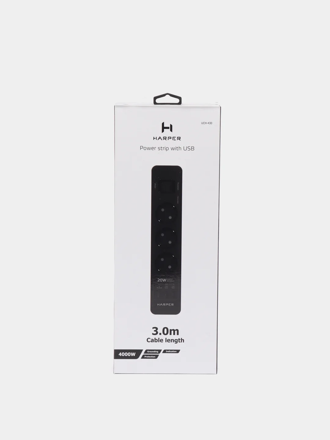 Сетевой фильтр Harper UCH-430, 3 метра, 3 розетки, 2 USB, Type-C, 4000 Вт, черный