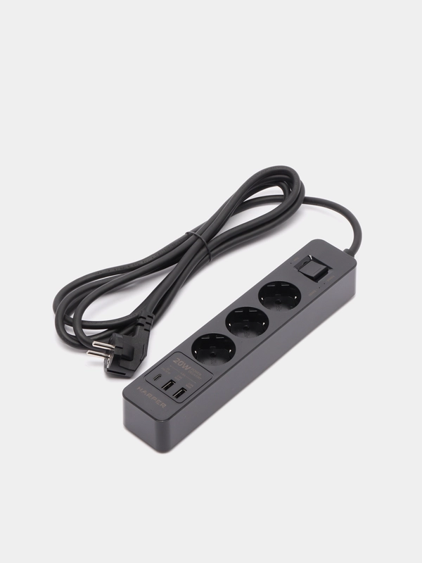 Сетевой фильтр Harper UCH-430, 3 метра, 3 розетки, 2 USB, Type-C, 4000 Вт, черный