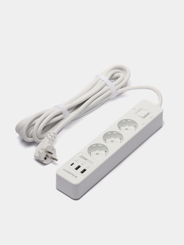 Сетевой фильтр Harper UCH-440, 5 метров, 3 розетки, 2 USB, Type-C, 4000 Вт, белый