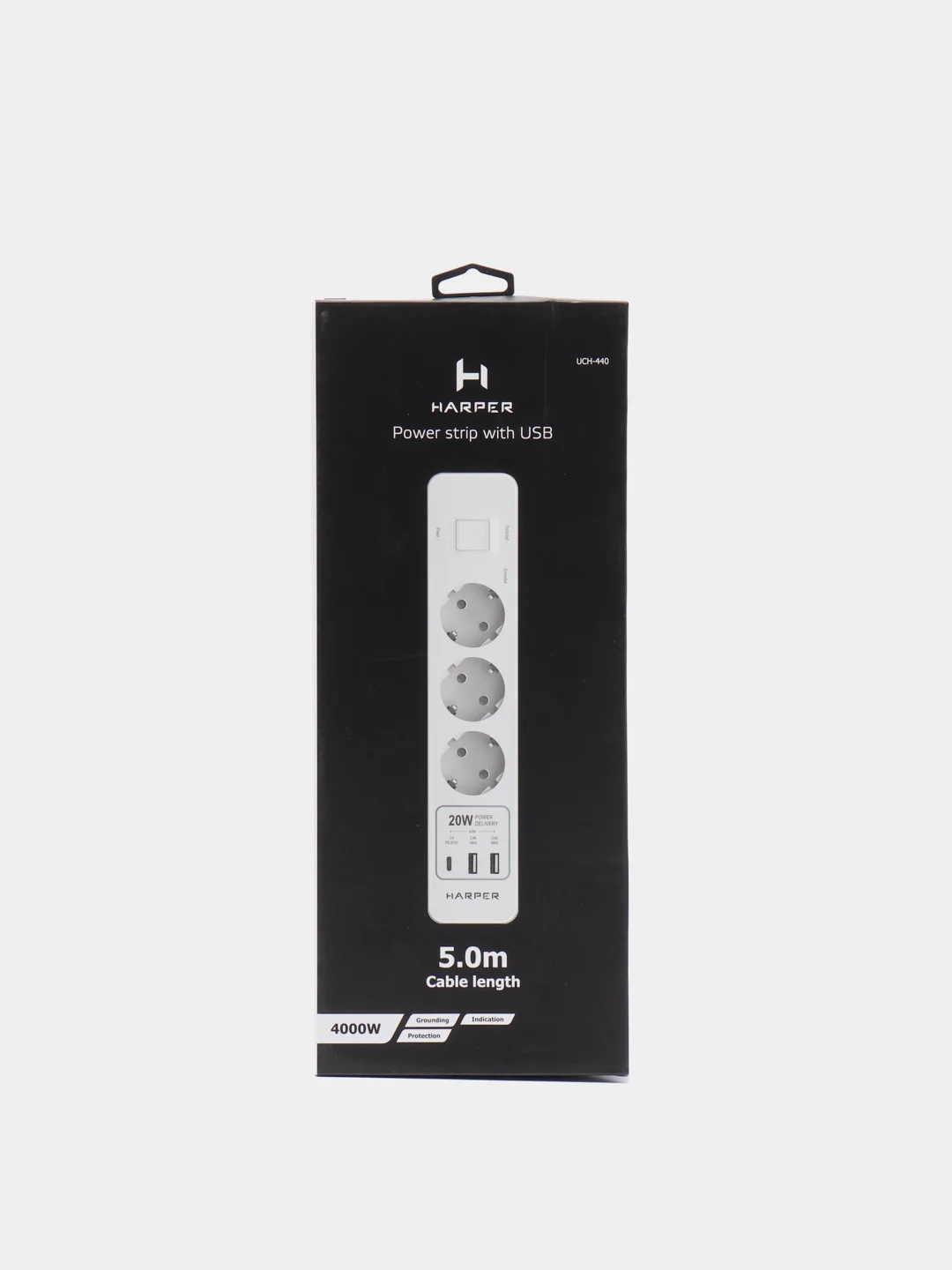 Сетевой фильтр Harper UCH-440, 5 метров, 3 розетки, 2 USB, Type-C, 4000 Вт, белый