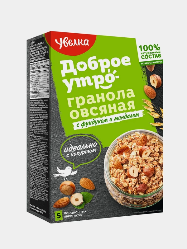 Гранола Увелка, овсяная, с фундуком и миндалем, 5 х 40 г