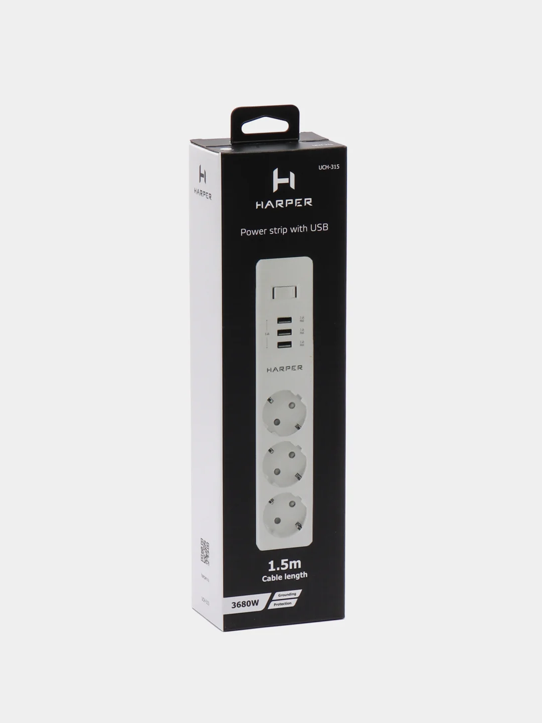 Сетевой фильтр Harper UCH-315, 1,5 метра, 3 розетки, USB, 3680 Вт, белый