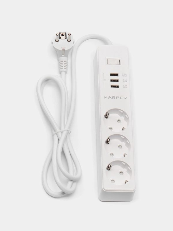 Сетевой фильтр Harper UCH-315, 1,5 метра, 3 розетки, USB, 3680 Вт, белый