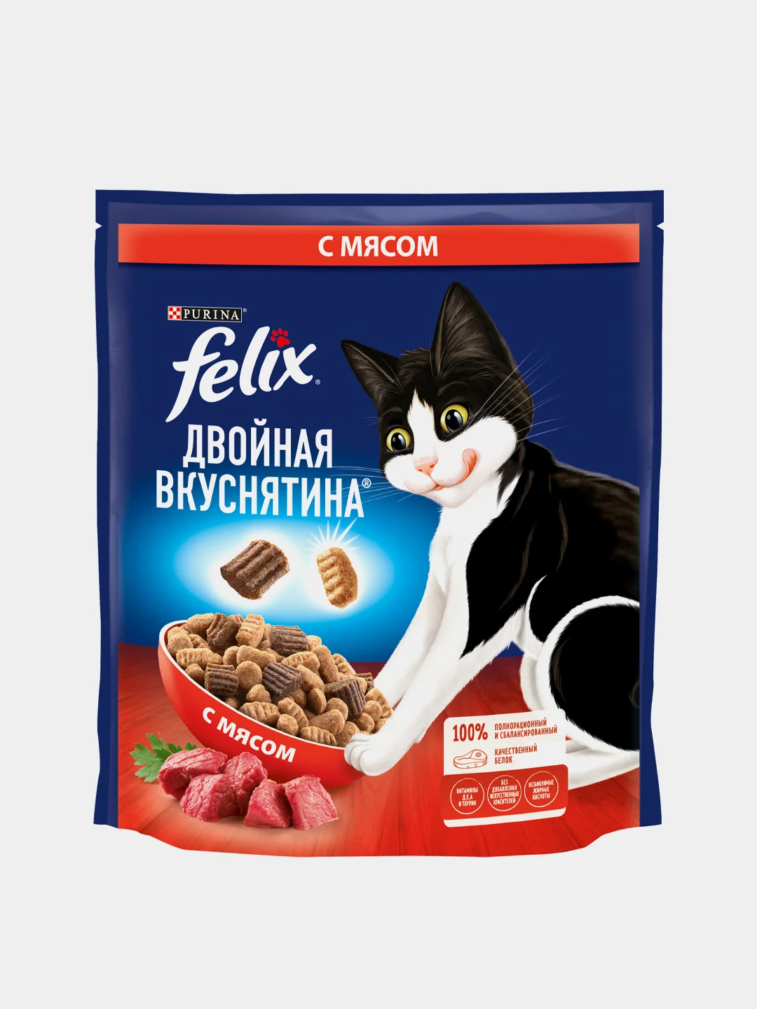 Сухой корм для взрослых кошек Felix "Двойная вкуснятина", с мясом
