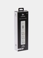Сетевой фильтр Harper UCH-325, 3 метра, 3 розетки, 3 USB, 3680 Вт, белый