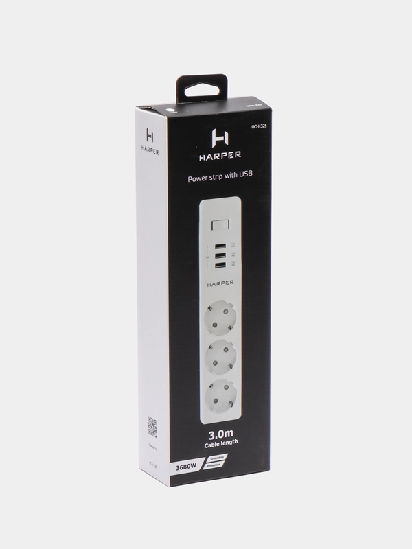 Сетевой фильтр Harper UCH-325, 3 метра, 3 розетки, 3 USB, 3680 Вт, белый