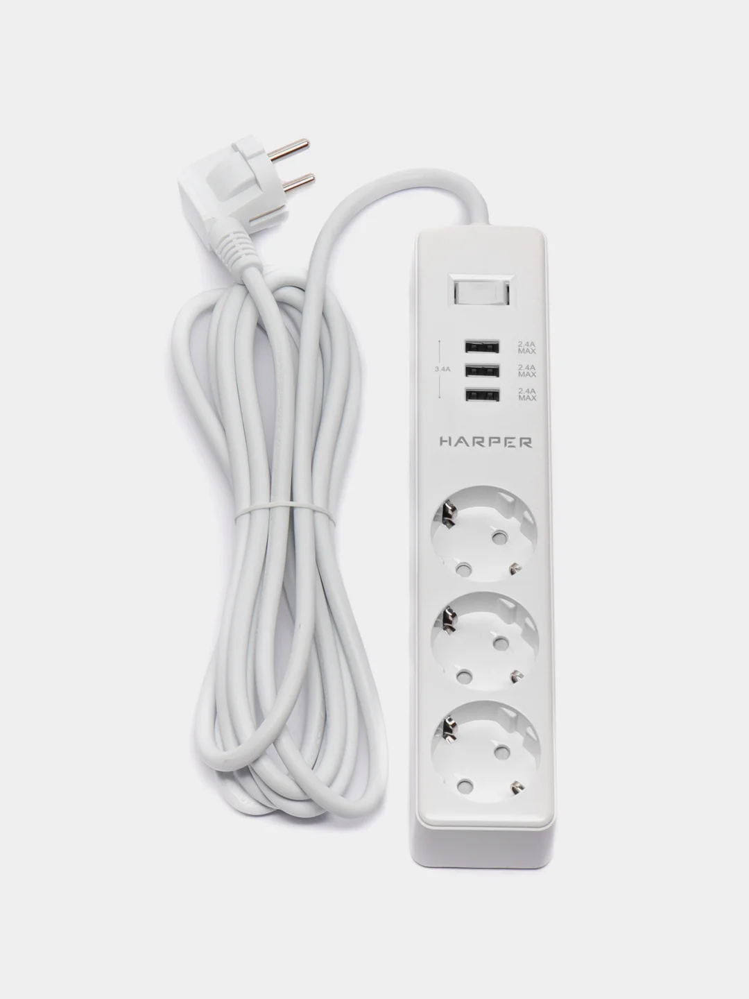 Сетевой фильтр Harper UCH-325, 3 метра, 3 розетки, 3 USB, 3680 Вт, белый