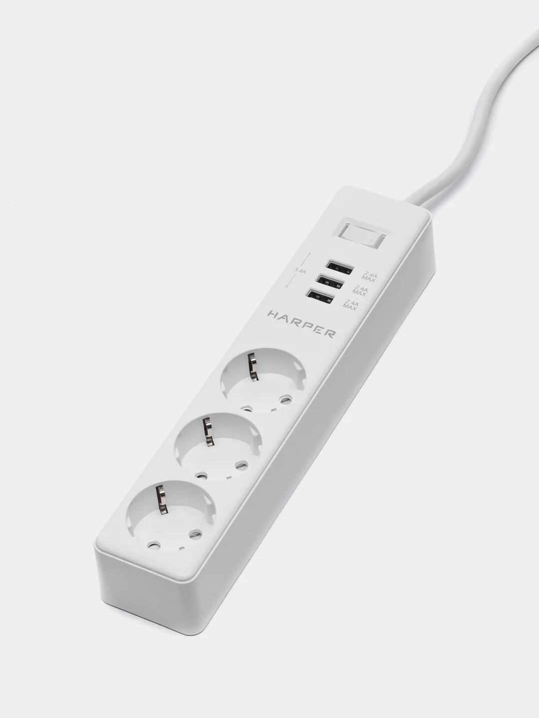 Сетевой фильтр Harper UCH-325, 3 метра, 3 розетки, 3 USB, 3680 Вт, белый