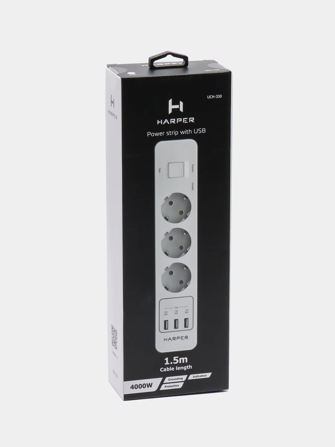 Белый сетевой фильтр Harper UCH-330, 1,5 метра, 3 розетки, 3 USB, 4000 Вт, черный