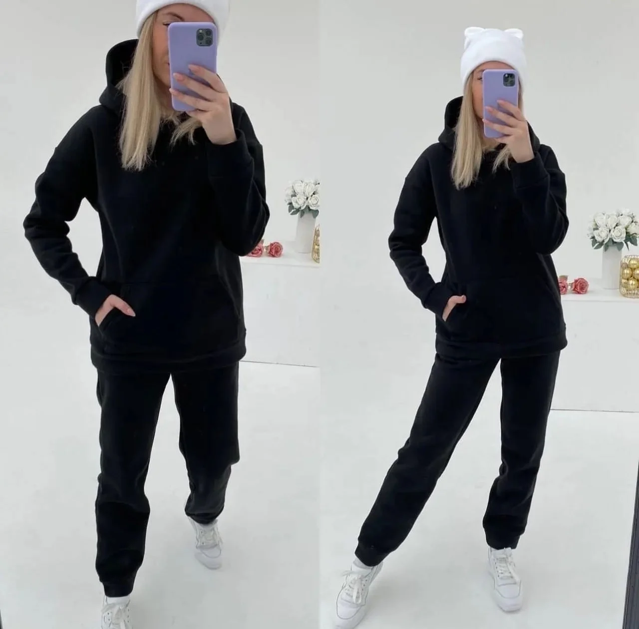 Черный спортивный женский костюм, на флисе