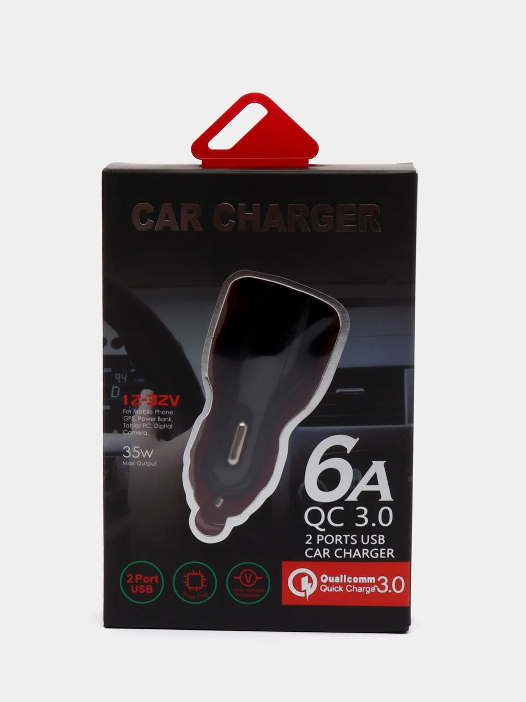 Черный автомобильная зарядка , быстрая зарядка QC3.0, 2xUSB, 3.1A, 12V