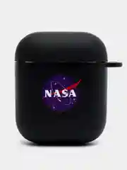 Синий силиконовый чехол для наушников Apple Airpods 1, 2. с принтом Nike, Nasa (Найк, Наса))
