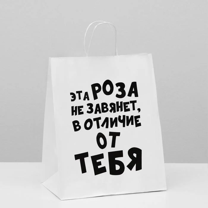 Бежевый пакет подарочный бумажный с приколом