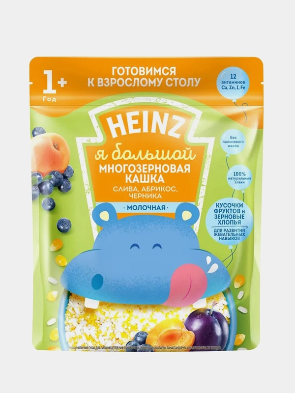 Каша детская Heinz "Я Большой", молочная, многозерновая, слива, абрикос, черника, 200 г