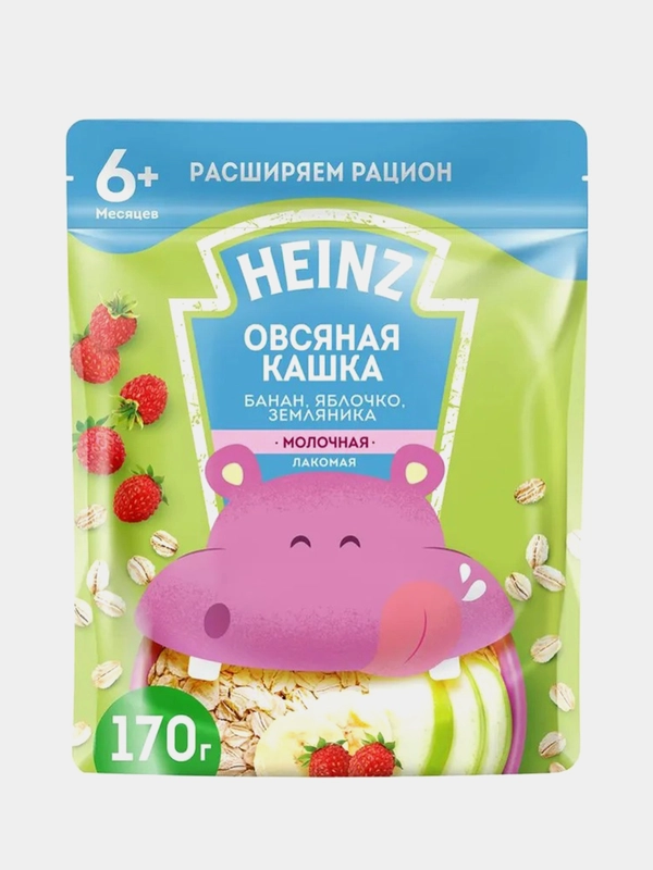 Каша детская Heinz "Лакомая", молочная, банан, яблоко, земляника, с 6 месяцев, 170 г